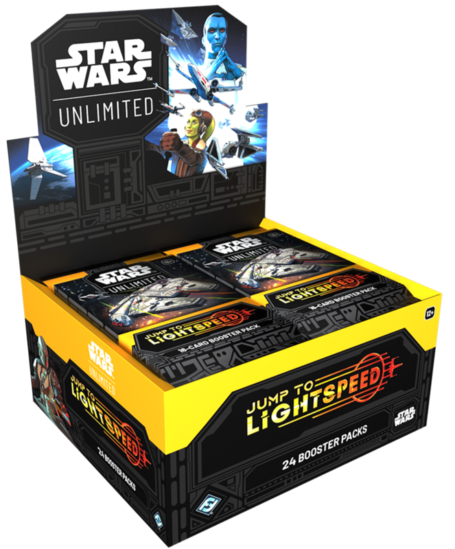 Star Wars Unlimited trading card game booster pack display with 'Jump to Lightspeed' text.