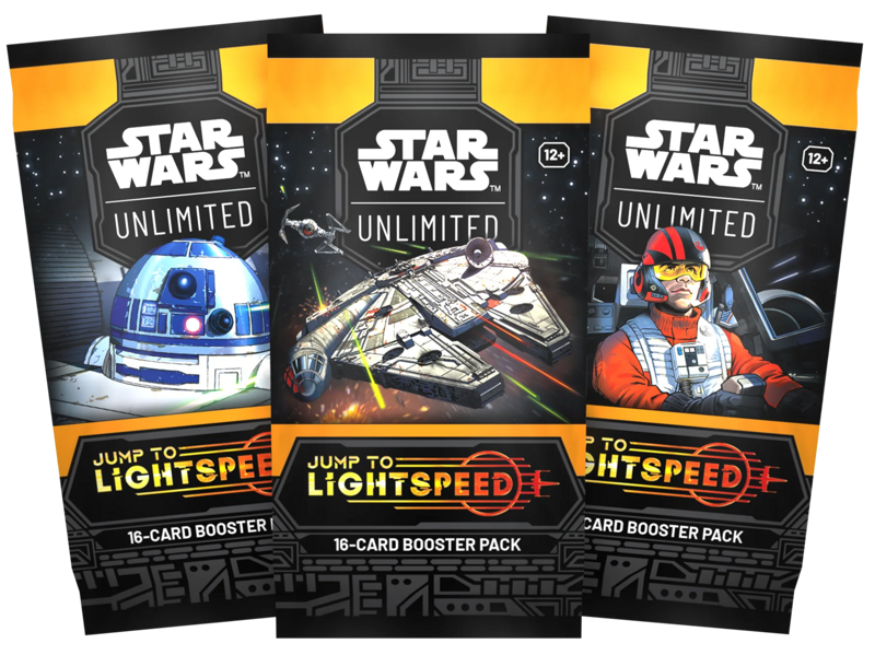 Three 'Star Wars Unlimited' trading card booster packs on a white background