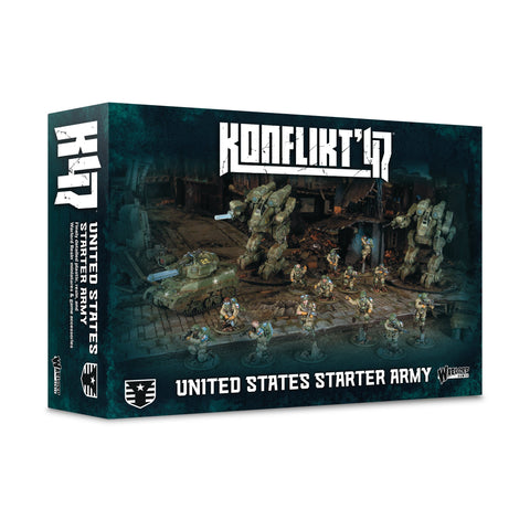 Konflikt'47 United States Starter Army game box with military figures and vehicles on a dark background.