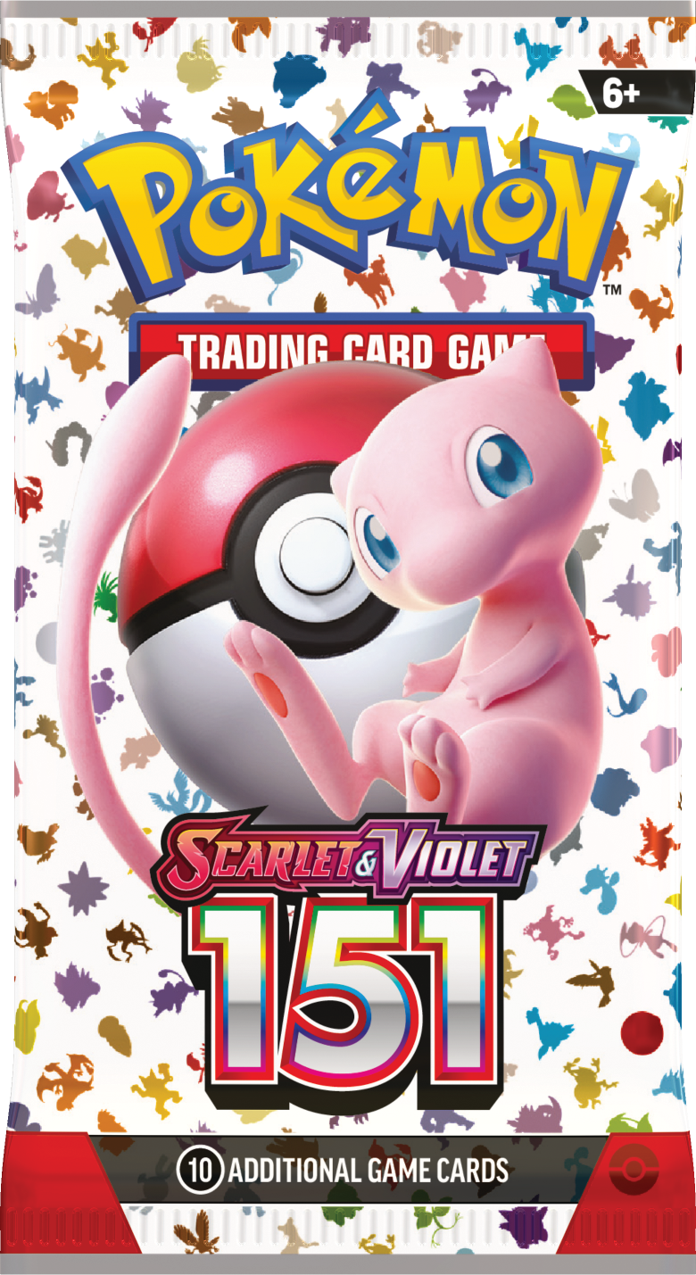 Pokemon 151 booster pack packaging on a white background