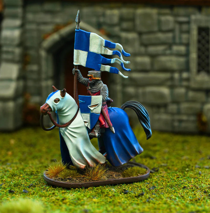 A painted fantasy miniature of a knight on a white horse, holding a blue and white checkered banner, set on a grassy surface with a blurred stone wall background.