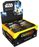 Star Wars Unlimited trading card game booster pack display with 'Jump to Lightspeed' text.