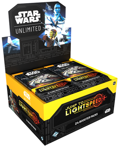 Star Wars Unlimited trading card game booster pack display with 'Jump to Lightspeed' text.