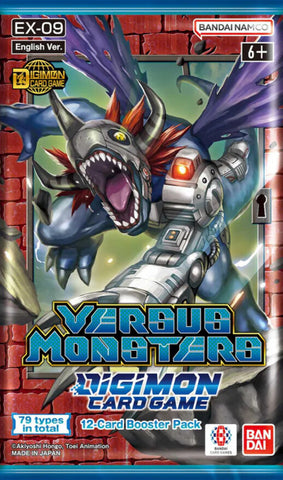 Digimon card game booster pack with dragon-like creature and robot design on a red and blue background.