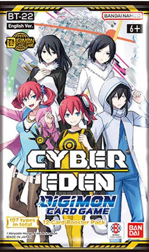 Packaging for Cyber Eden Digimon Card Game featuring animated characters and branding.