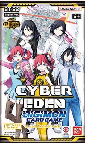 Packaging for Cyber Eden Digimon Card Game featuring animated characters and branding.