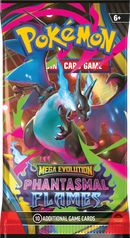 Pokemon Mega Evolution Phantasmal Flames booster packaging with colour character artwork on a white background