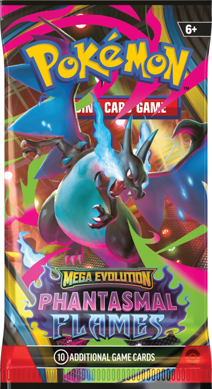 Pokemon Mega Evolution Phantasmal Flames booster packaging with colour character artwork on a white background