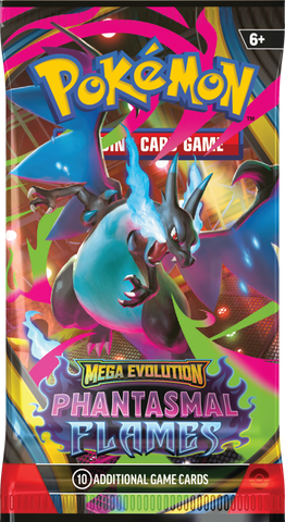 Pokemon Mega Evolution Phantasmal Flames booster packaging with colour character artwork on a white background
