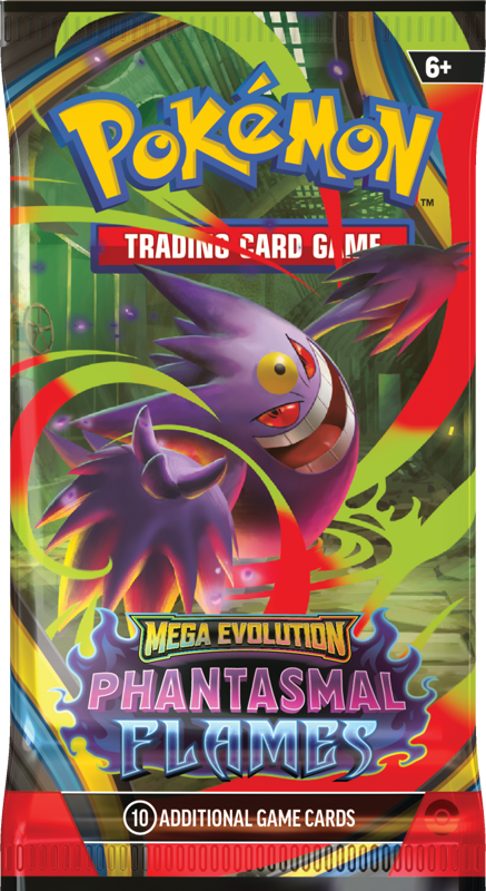 Pokemon Mega Evolution Phantasmal Flames booster packaging with colour character artwork on a white background