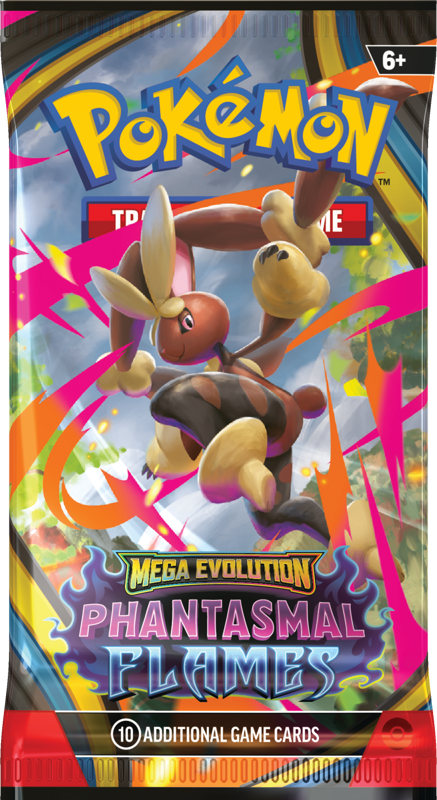 Pokemon Mega Evolution Phantasmal Flames booster packaging with colour character artwork on a white background