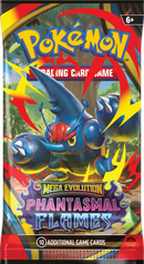 Pokemon Mega Evolution Phantasmal Flames booster packaging with colour character artwork on a white background