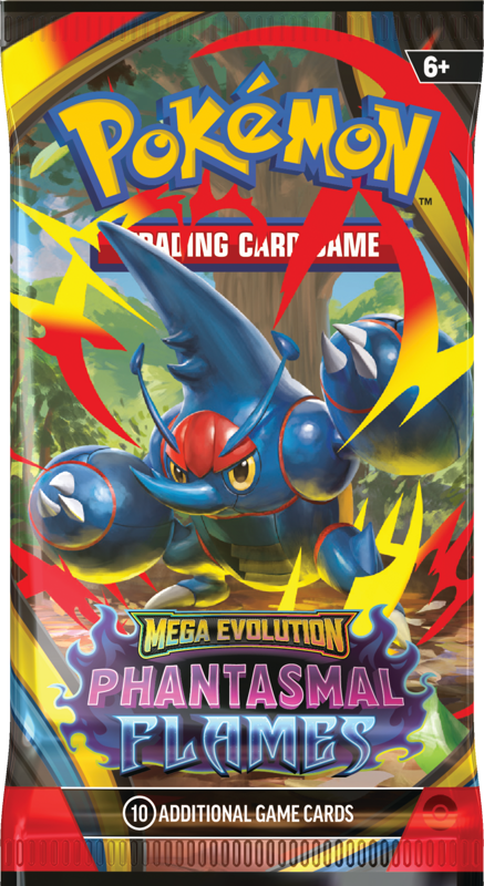 Pokemon Mega Evolution Phantasmal Flames booster packaging with colour character artwork on a white background