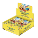 Yellow box of 'One Piece' card game packs on a white background