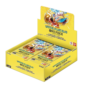 Yellow box of 'One Piece' card game packs on a white background