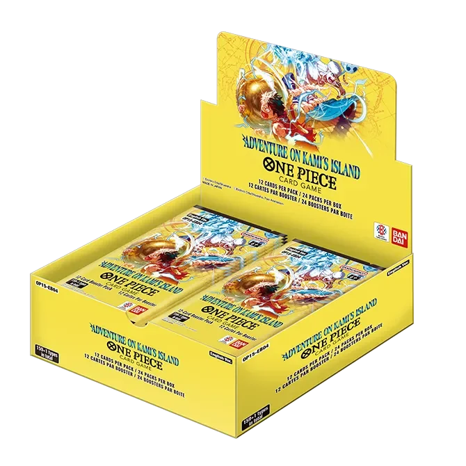 Yellow box of 'One Piece' card game packs on a white background