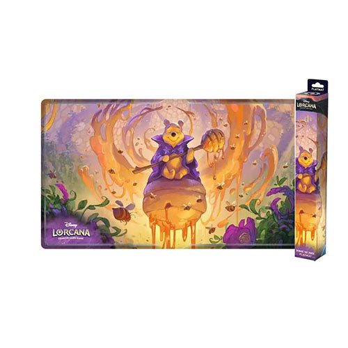Lorcana trading card game playmat with character illustration and packaging on a white background