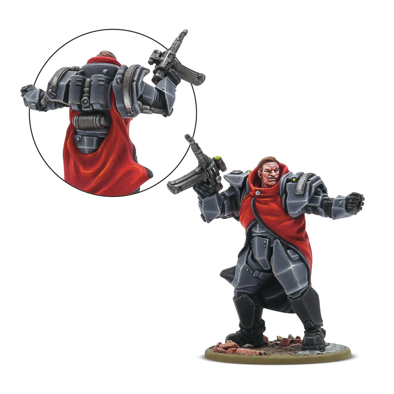 Miniature figure with red cloak and gray armor on a white background