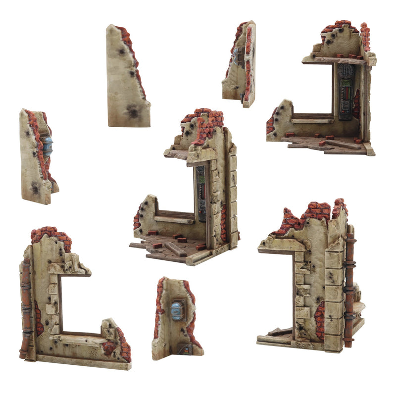 Set of miniature game terrain pieces on a white background