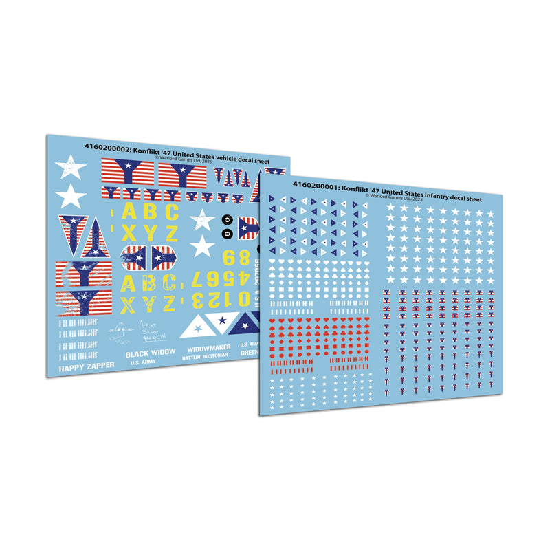 Two sheets of decal stickers with various symbols and text on a white background