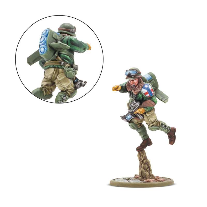 Toy soldier figure with a close-up inset on a white background