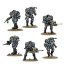Six military figurines in tactical gear on a white background