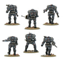 Six miniature figures of armored soldiers on a white background