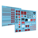 Two decal sheets with military vehicle insignias and symbols on a blue background.