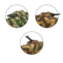Three circular insets showing different views of a model tank with camouflage patterns.