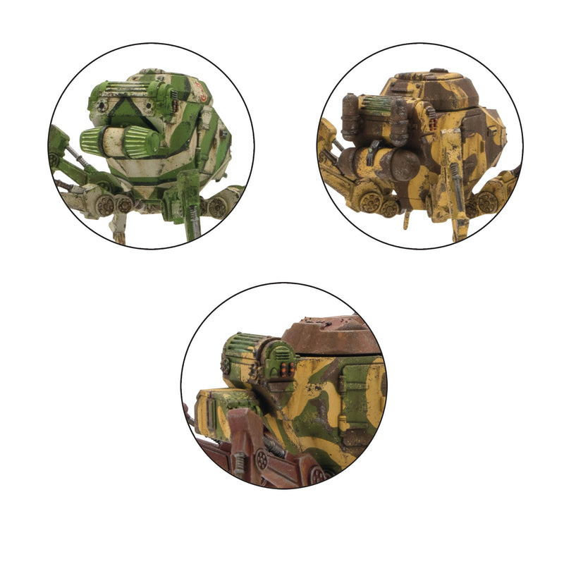 Three circular images of a detailed model of a mechanical creature with camouflage patterns.