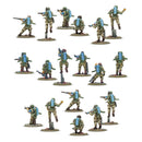 Set of miniature soldiers with blue accents on a white background