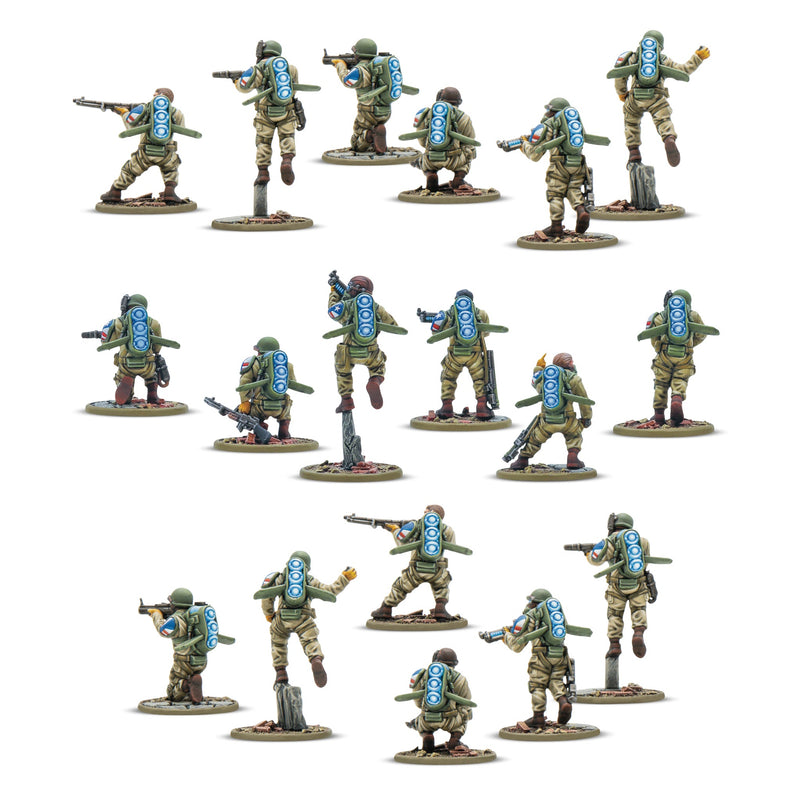 Set of miniature soldiers with blue accents on a white background