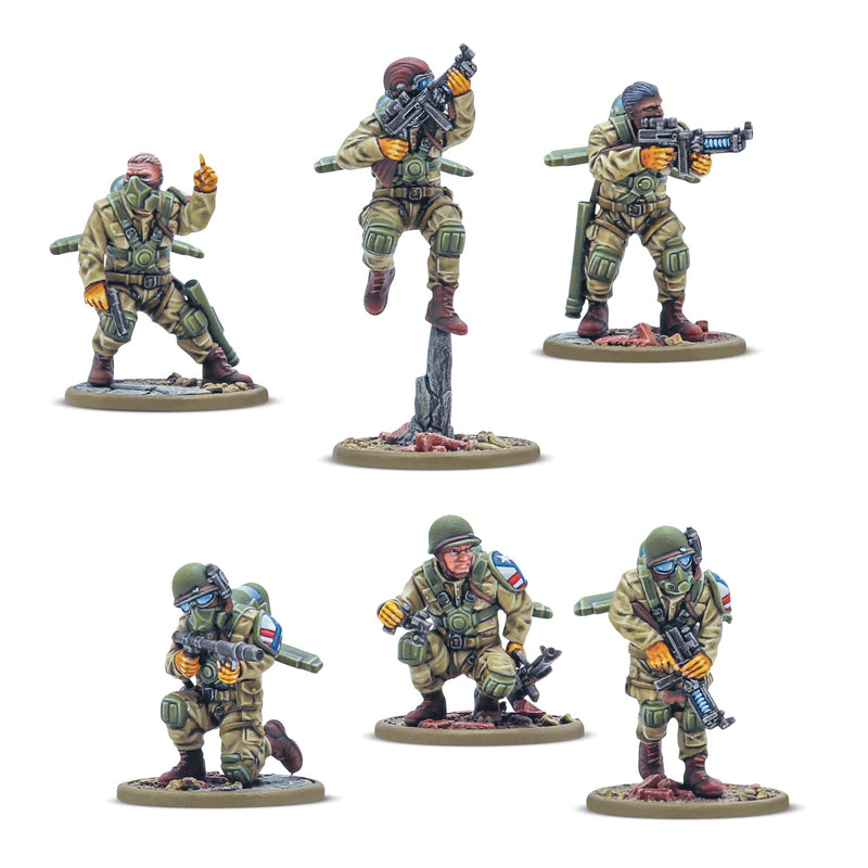 Set of six painted military figurines on a white background