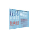 Sheet of military decals with various shapes and colors on a white background