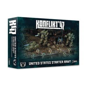 Konflikt'47 United States Starter Army game box with military figures and vehicles on a dark background.