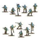 Set of soldier models in military uniforms with weapons on a white background