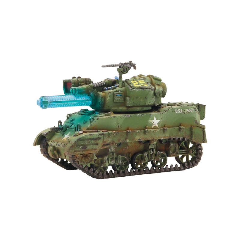 Model tank with camouflage pattern on a white background