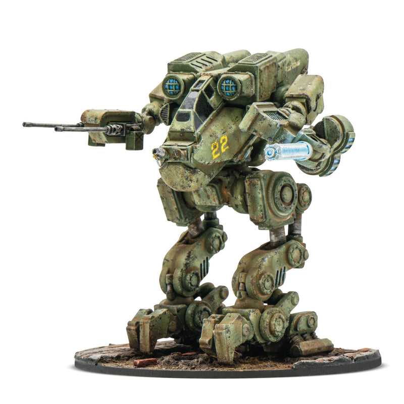 Mechanical warrior figurine with a gun on a white background