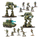 Collection of military-themed figurines and models on a white background