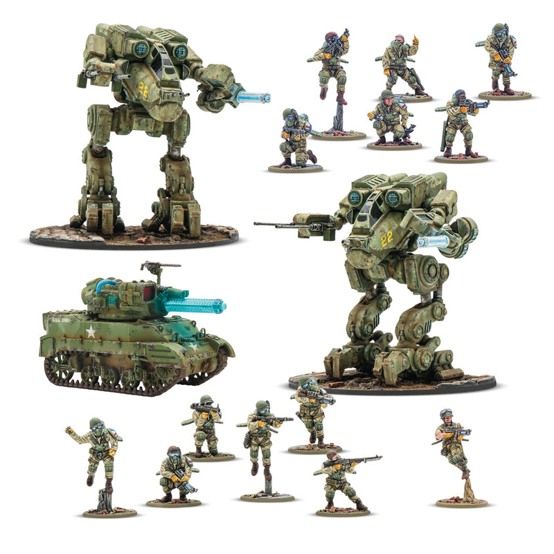 Collection of military-themed figurines and models on a white background