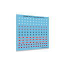 A decal sheet for model kits, labeled '4160500001: Empire of Japan Infantry decal sheet', featuring rows of white, blue, and red Japanese military insignias including flags, rifles, and sunburst motifs on a light blue background.