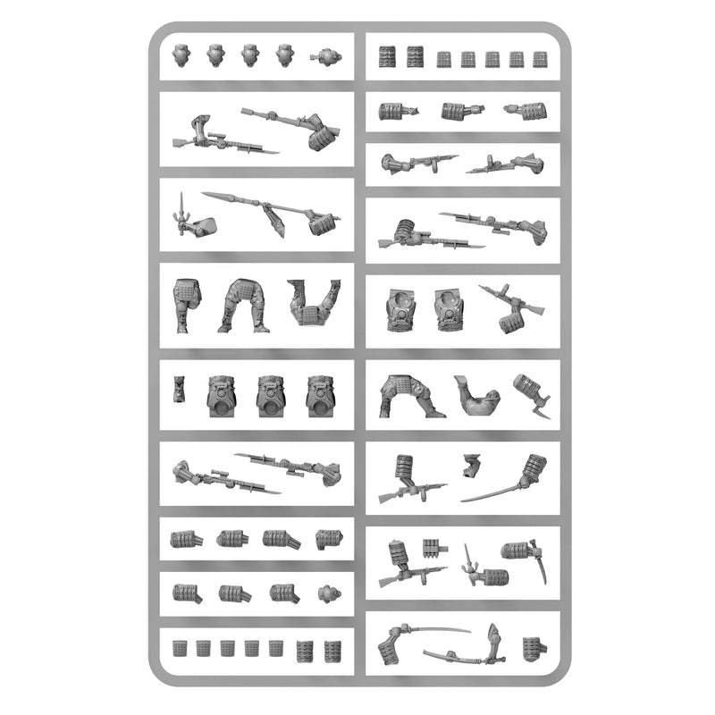A gray plastic model kit parts sprayer sheet containing various miniature weapon, armor, and accessory pieces on a white background.