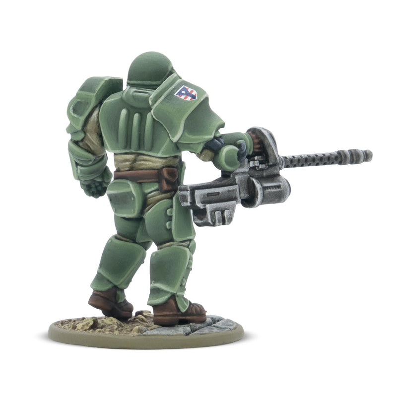 Green military figurine holding a weapon on a white background