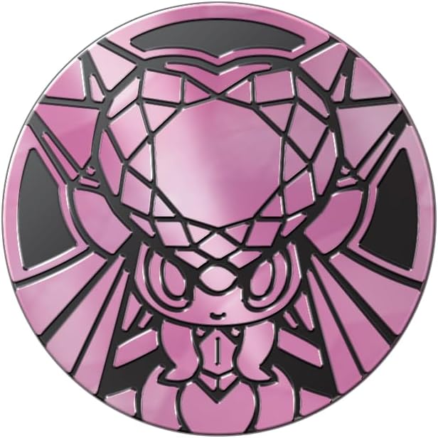 Circular pink emblem with a stylized face design on a white background