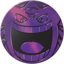 Circular purple object with a face design on a white background
