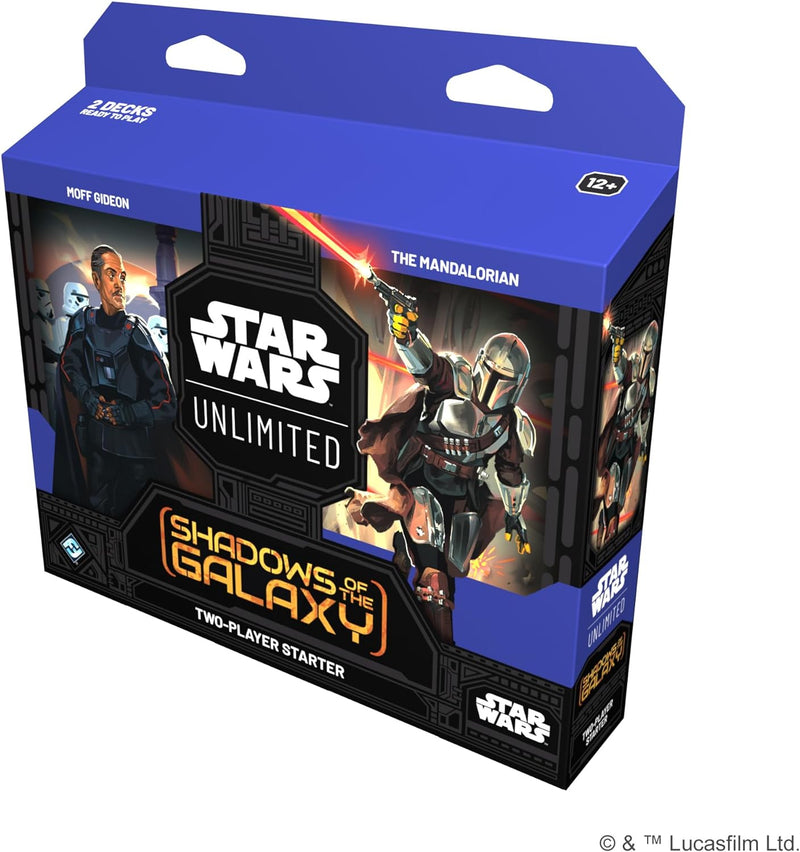Packaging for the Star Wars Unlimited card game Two-Player Starter Set, featuring characters and artwork from the Star Wars franchise.