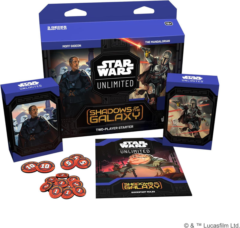Packaging and contents for the Star Wars Unlimited card game Two-Player Starter Set, featuring characters and artwork from the Star Wars franchise.