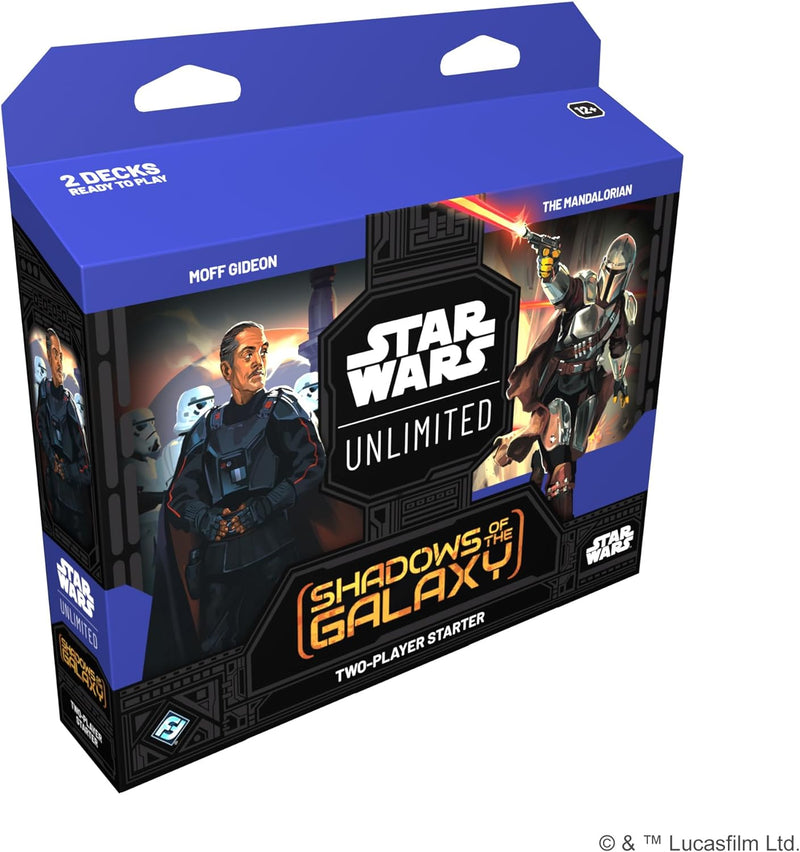 Packaging for the Star Wars Unlimited card game Two-Player Starter Set, featuring characters and artwork from the Star Wars franchise.