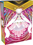 Animated character in a white dress with pink accents on a colorful box background