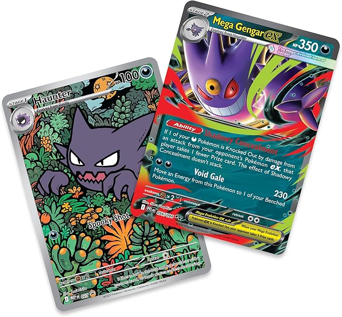 Two trading cards featuring a purple creature with a colorful background